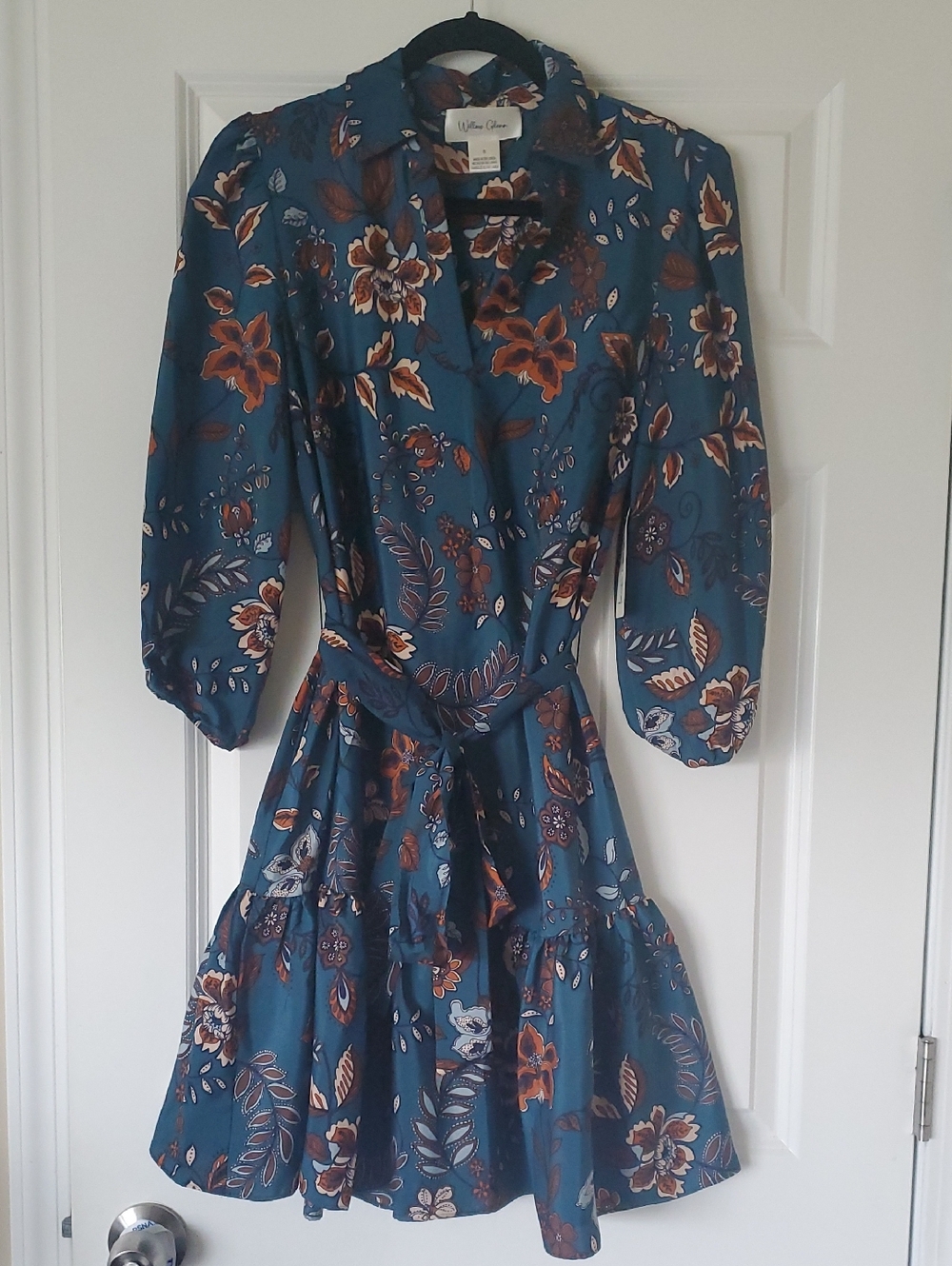 Willow & Clay Teal Floral Long Sleeve Dress with Rust Accents